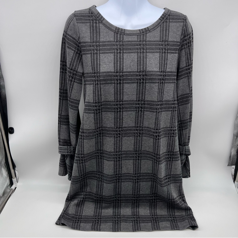 Everly Charcoal/Black Plaid Knit Long Sleeve Mini Dress w/Bell Cuffs- Size S